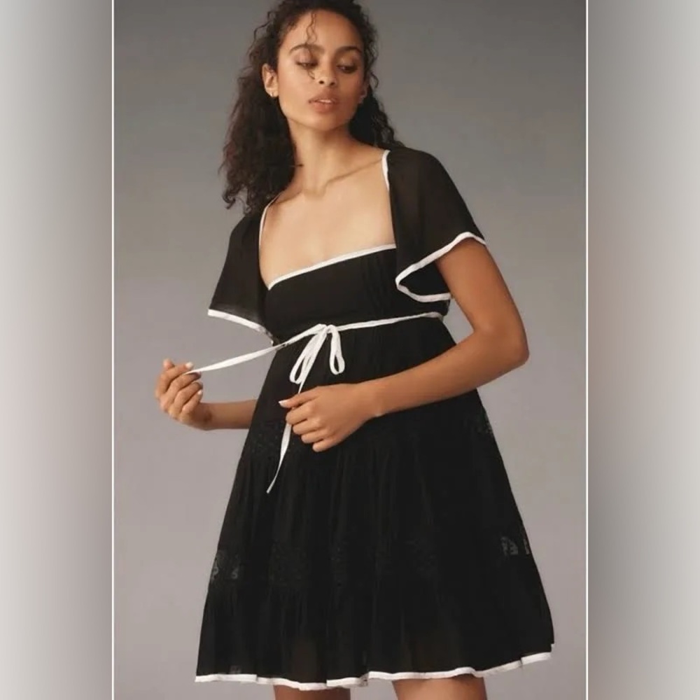 Anthropologie Maeve Flutter-Sleeve Bow Babydoll Mini Dress